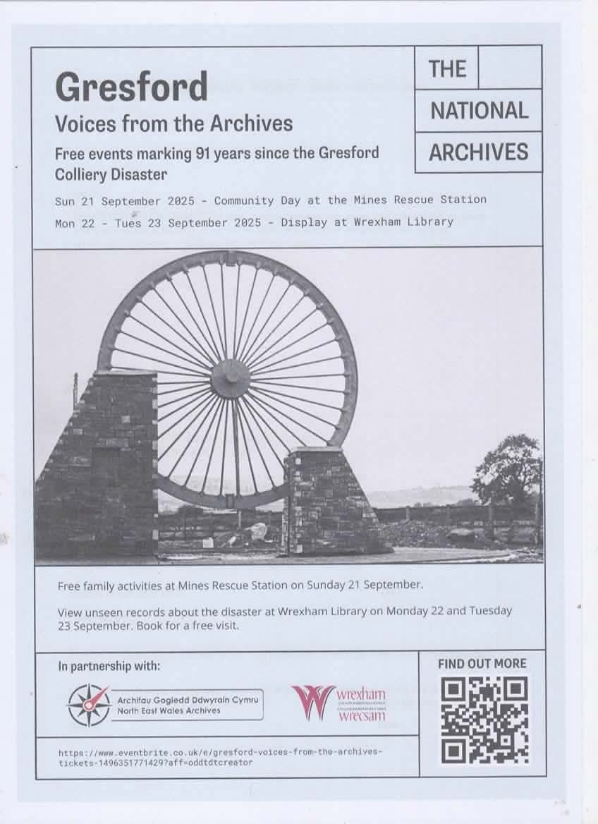 A flyer for free events marking 90 years since the Gresford Disaster
